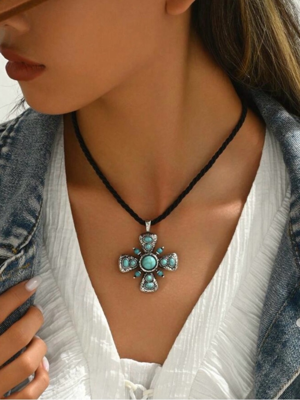 Turquoise Cross Pendant Necklace - Women's Silver-Tone Jewelry - Picture 2 of 4